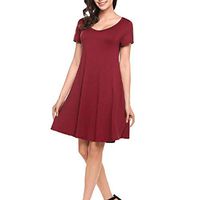 Women Above Knee Dress - Summer Soft Casual Loose Round Neck Solid Color Short Sleeve Mini Dresses with Pocket