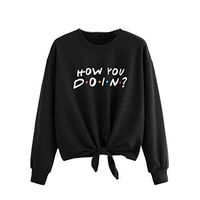 〓COOlCCI〓Women's Casual Long Sleeve Letter Print Sweatshirts Pullover Tops Crop Top Front Tie Knot Tops Blouse Hoodies Black