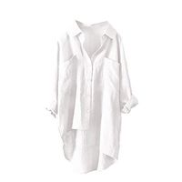 Women Plus Size Linen Shirt Solid Oversize High Low Hem Blouse Button Casual Top (XXXXXL, White)