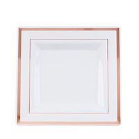 BalsaCircle 20 pcs 10-Inch White with Rose Gold Trim Plastic Square Plates - Disposable Wedding Party Reception Catering Tableware