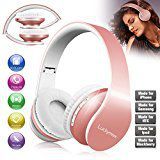 Over Ear Headphones, Foldable Wireless Headphones Stereo Hi-Fi Bluetooth Headsets with Mic and Soft Earmuffs for Girl Women Gym Sport Wired Mode for Cell Phone TV Computer Laptop iPhone Rose Gold