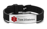 JF.JEWELRY Type 2 Diabetes Medical Alert ID Bracelet for Men & Women with Silicone Wristband-8 Size Adjustable,Black