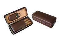 Leather Cigar Case 3 Folding Holder with Cigar Cutter Gift Set (Brown)