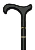 Walking Cane Bijoux black. This walking stick cane has a derby handle and hardwood black stained shaft. This wooden cane has a weight capacity of 250 pounds and 36 inches long.