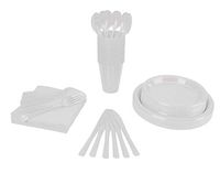 350 PCS Disposable Tableware Combo Pack INCLUDES: 50 9" White Plastic dinner plates | 50 7" plastic appetizer plates |50 plastic cups | 50 paper napkins | 50 plastic cutlery spoons forks & knives