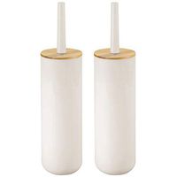mDesign Compact Freestanding Plastic Toilet Bowl Brush and Holder for Bathroom Storage - Plastic and Bamboo - Sturdy, Deep Cleaning - 2 Pack - Cream/Natural Wood Finish