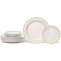 Premium Hard Plastic Gold Rimmed Ivory Plate Set By Oasis Creations - 25x9’’ & 25x6” - Washable & Reusable - Party Supplies For Birthdays, Celebrations, Buffets, Fiestas, Catering & More