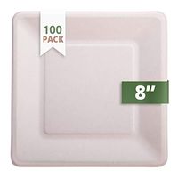 CaterEco Bagasse Compostable Disposable Plates (100 Count) | 8” Eco Friendly Biodegradable Square Plate Set | 100% Tree-Free Paper Plates Alternative | for Parties, Dessert, Cake & More
