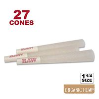 RAW 27 Organic 1 1/4 Cones - Sturdy W Gallery Box - Pure Hemp 1.25 84mm Pre-Rolled Cones - 26mm Filter Tips - Natural Unbleached Unrefined Rolling Papers - 20 25 + Bonus Pack