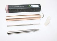Reusable Straws - Metal Straws with Case - Collapsible Straw with Cleaning Brush - Portable Drinking Straw with Travel Keychain Case - Retractable Stainless Steel Straw (Rose Gold Case, Silver Straw)