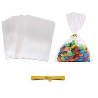 HRX Package 300pcs Clear Plastic Treat Bags, 4 x 6 inches 1.4 Mil Small Cellophane Goodie Bags with 350pcs Gold Ties for Candy Buffet, Cake Pops, Chocolate