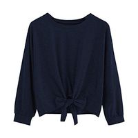 HNTDG Fashion Women Casual Solid Color Long Sleeve Bow Knot Front Tops O-Neck Sweatshirt Blouse Navy