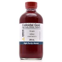 99.99+% Pure True Colloidal Gold – 250 mL of 50 ppm in Clear Glass Bottle w/phenolic Cap