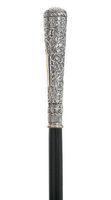 Edwardian 925 Sterling Silver Tall Embossed Knob on Black Shaft Formal Walking Cane