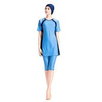 Gojendy Women Solid Color Bathing Suit for Muslim Short Sleeves T Shirt with Stripe Decor (XXL, Blue)