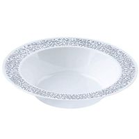 Efavormart 50 Pcs - White with Silver Trimmed 12oz Round Disposable Plastic Bowl For Wedding Banquet Event - Lace Design