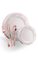 Exquisite 200 Pcs Heavyweight Disposable Plastic Plates and Cutlery Set Includes 40 Rose Gold Leaf Trim Dinner Plates 40 Rose Gold Dessert Plates and 40 Pcs of Rose Plastic Forks Knives and Spoons