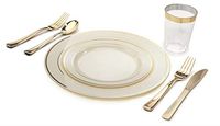" OCCASIONS" 840 pcs/120 Guest-Full Set - Wedding Disposable Plastic Plates Gold Silverware, Gold Rimmed Tumblers (Combo A, Ivory & Gold Rim)