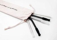 HAN – Special set of 4pcs eco straws – Black/Silver stainless steel drinking straws (2straight/2 bent) with 1 cleaning brush, 4 silicone tips and 1 linen bag “Enjoy every moment of your life”