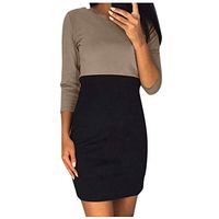 BBFairy Women's Elegant Long Sleeve Color Splicing O Neck Fitted Waist A-Shaped Mini Dress Khaki