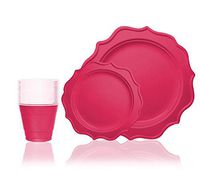 Tiger Chef 288-Pack Fuchsia Color Round Scalloped Rim Disposable Plastic Plate Set for 96 Guests Includes 96 10-Inch Dinner Plates, 96 8-Inch Salad Plates - BPA-Free