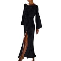 Women's Round Neck Loose Knitted Flare Long-Sleeved Maxi Dresses Sunscreen Hollow Swimsuit Swimwear with Belt (White, L)