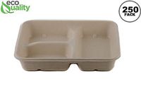 [250 Pack] 33 oz Compostable 3 Compartment Food Trays with Pulp Fiber Lids - Unbleached, Sugarcane, Plant Fiber, Heavy Duty, Microwavable, Biodegradable, Tree Free, Ecofriendly, Lunch Trays, Meal Prep