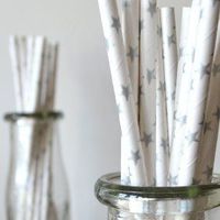 Biodegradable Paper Straws with Silver Stars - Holidays, Weddings, Showers - 100 pcs
