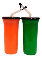 2 Tumblers, Lids, Straws with Tips, 1 each Orange, Green. Holds 32 Ounces to Brim.
