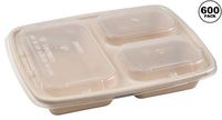 [600 Pack] 36 oz 3 Compartment Compostable Food Storage Container with Lids - Biodegradable, Sugarcane, Plant Fiber, Heavy Duty, Microwavable, Tree Free, Ecofriendly, Lunch Trays, Meal Prep, Bento