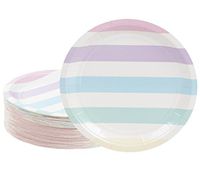 Disposable Plates - 80-Count Paper Plates, Party Supplies for Appetizer, Lunch, Dinner, and Dessert, Birthdays, Multi-Colored Pastel Stripes Design, 9 x 9 inches