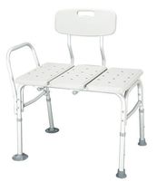 Transfer Bench - Transfer bench with back has three slat design and contoured blow molded back and side support, x-large 4" mushroom tips. Seat height adjusts from 20" - 24", seat width 26 1/2", seat depth 16 1/2.