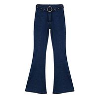 Women Jeans Elastic Softener Plus Loose Denim Pocket Button Casual Flare Pants (Dark Blue, S)