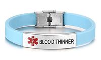 JF.JEWELRY Pre-Engraved Blood Thinner Medical Alert ID Bracelet for Men Women Silicone Band Adjustable-Cyan
