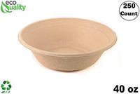 250 Count - EcoQuality 40oz Round Disposable Bowls Natural Sugarcane Bagasse Bamboo Fibers Sturdy Compostable Eco Friendly Environmental Paper Plastic Bowl Alternative Tree Free