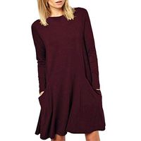 Gocheaper Women's Round-necked Long-sleeved Pocket Solid Color Dress(Red,M)