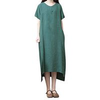 Vintage Summer Casual Cute Women Short Sleeve Mid-Calf Loose Hem Dress Green