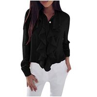 SADUORHAPPY Women's Long Sleeve Button Down Lotus Ruffled Work Shirt Chiffon Blouse Top Black