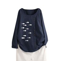 Xia&Han Womens Crew Neck Blouse Cotton Linen Shirt Long Sleeve with Button Tunic Print Top Tees Pullover Navy