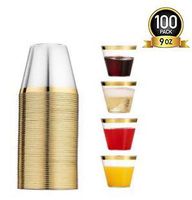 SWUPZ 100 Gold Plastic Cups 9 Oz Clear Plastic Cups Tumblers Gold Rimmed Cups Fancy Disposable Wedding Cups Elegant Party Cups with Gold Rim