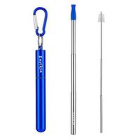 Collapsible Reusable Straws,Portable Telescopic Stainless Steel Metal Drinking Foldable Straw with Silver Travel Case & Cleaning Brush & Keychain & Silicon, silicone Tips for Adults and Kids (Blue).