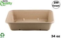 [250 Pack] 34oz Compostable Eco Friendly Container Trays - Rectangular Oblong Tree Free Sugarcane Bagasse Meal Prep Bento Boxes Take Out Catering Microwavable Deep Container by EcoQuality