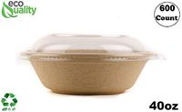600 Count - EcoQuality 40oz Round Disposable Bowls with Dome Lids Natural Sugarcane Bagasse Bamboo Fibers Sturdy Compostable Eco Friendly Environmental Paper Plastic Bowl Alternative Tree Free