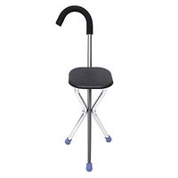 2 in 1 Portable Folding Stainless Lightweight Walking Stick with Seat Tripod Stool Portable Walking Cane Chair for Old People, Black