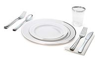 " OCCASIONS" 320 pcs/40 Guest-Full Tableware Set-Wedding Disposable Plastic Plates Silverware, Silver Rimmed Tumblers and White Paper Napkins (Combo B, White & Silver Rim)