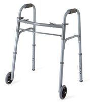 Medline Junior Two-Button Folding Walker with 5" Wheels, For Users 4’6” to 5’5”