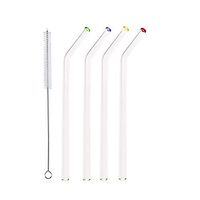 DOCTORBEE 4pcs Reuseable Glass Straws for Smoothie Handmade Straw with 1 Cleaning Brush Yellow Red Green Blue Lip (bent - dia.9mm)