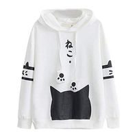 FRC0LT Autumn Women Kawaii Kitty Cat Theme Long Sleeve Pocket Thin Sweatshirt Hoodie (S, White)
