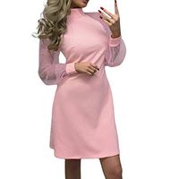 Sunhusing Ladies Solid Color Tulle Splice Pearl Beaded Long Sleeve Casual Turtleneck Loose Mini Short Dress(Pink,L)