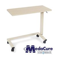 Medacure Bedside Table with Wheels - Overbed Table Hospital Bed – Home, Food, Laptop, Reading - Adjustable Height, No Spill Rim, Heavy Duty Steel Frame, Locking Casters - 50lb Capacity - Light Oak